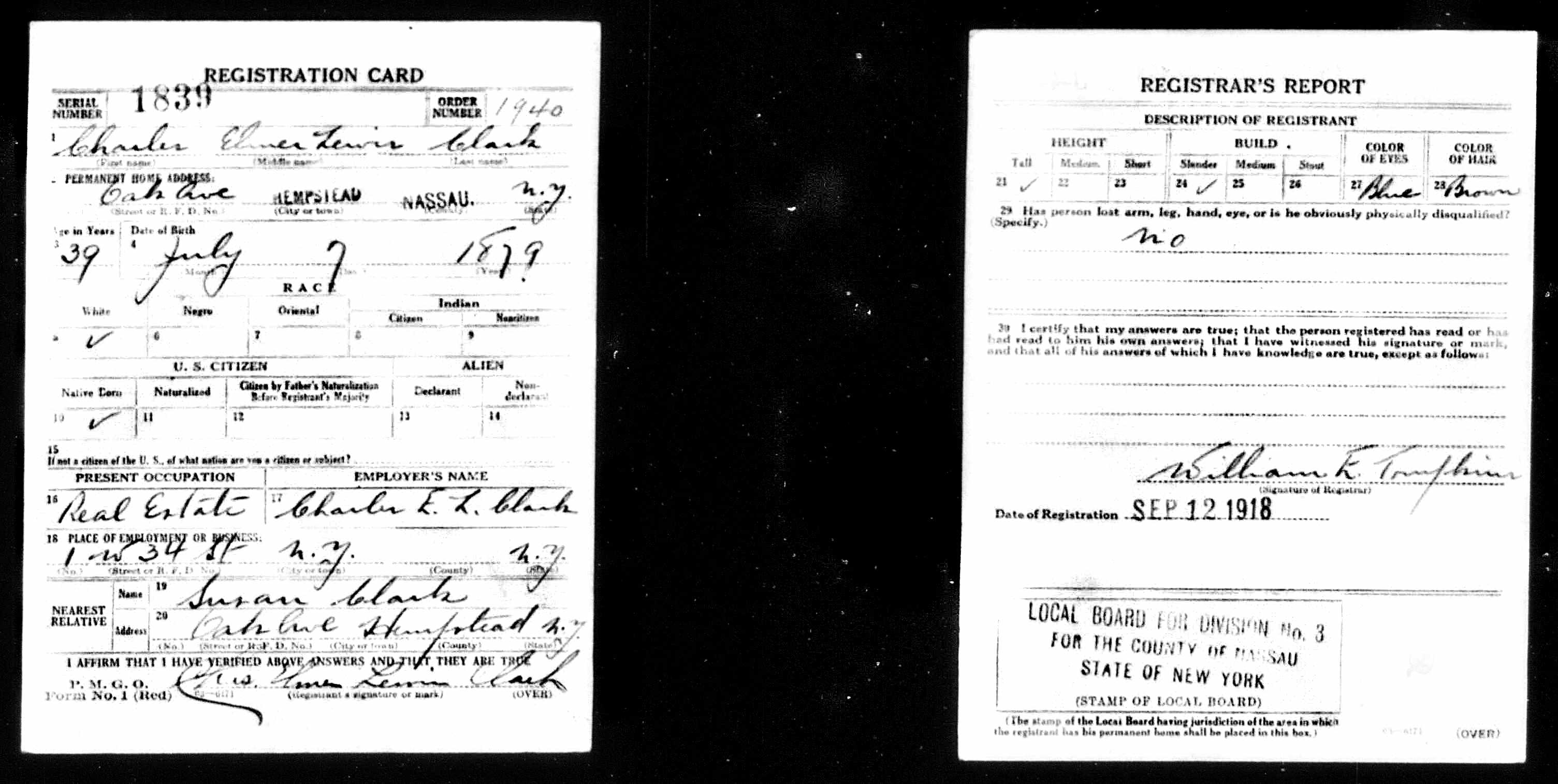 Charles E. L. Clark WWI Draft Card